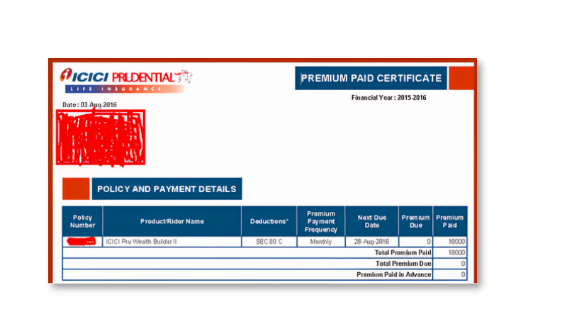 ICICI Prudential Premium Payment Receipt